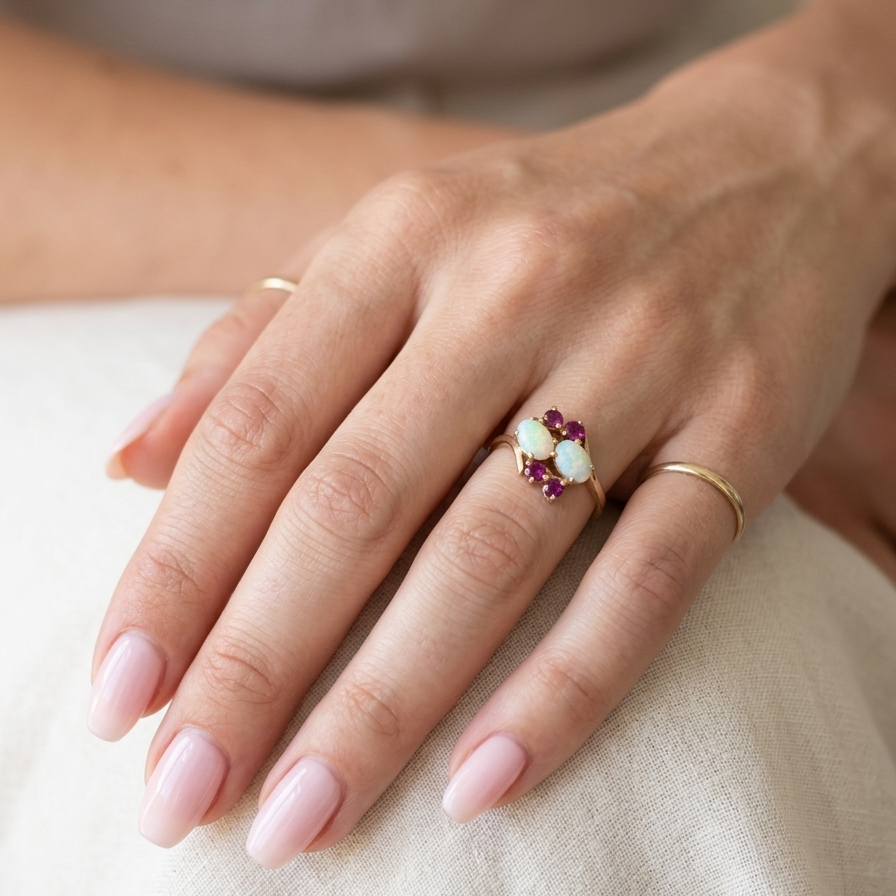 model A 9 carat gold dress ring that features two oval white opals, each 7x5mm, and four rubies each 3.4mm.