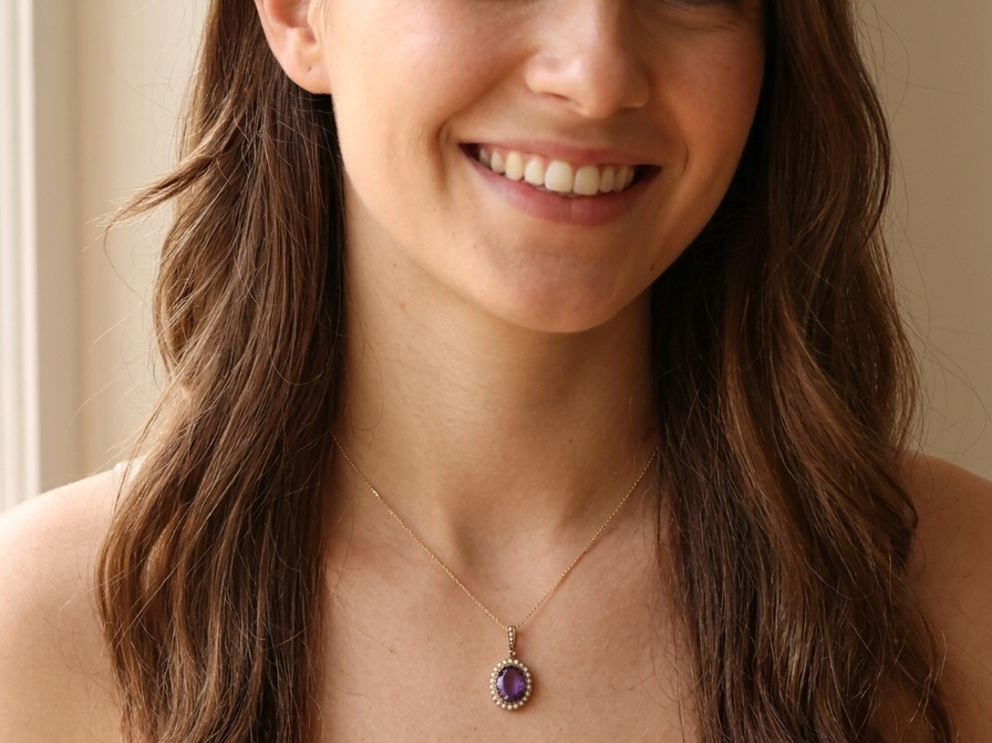model A fine 15 carat gold* pendant. features a large amethyst centre stone 14x11mm, deep purple colour.