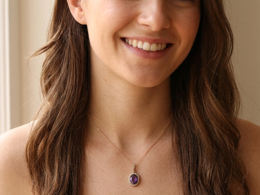 model A fine 15 carat gold* pendant. features a large amethyst centre stone 14x11mm, deep purple colour.