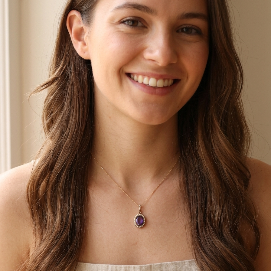 model A fine 15 carat gold* pendant. features a large amethyst centre stone 14x11mm, deep purple colour.