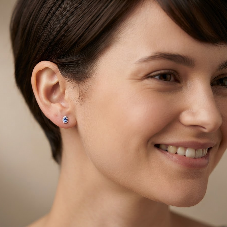 A close-up portrait of a smiling woman with short dark hair wearing a small round stud earring with a blue gemstone on a warm beige background.