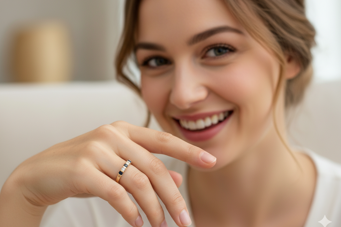 model 18-carat gold half-hoop eternity ring, set with three round mid-blue sapphires