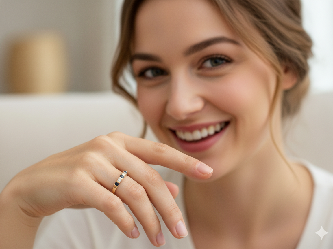 model 18-carat gold half-hoop eternity ring, set with three round mid-blue sapphires