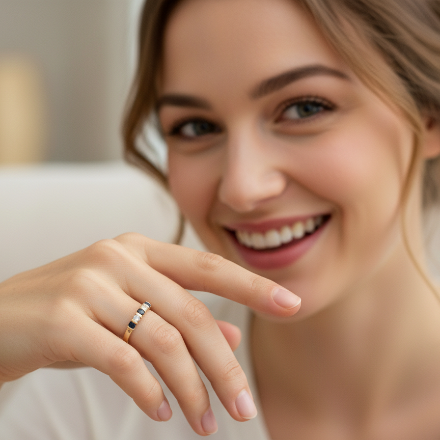model 18-carat gold half-hoop eternity ring, set with three round mid-blue sapphires