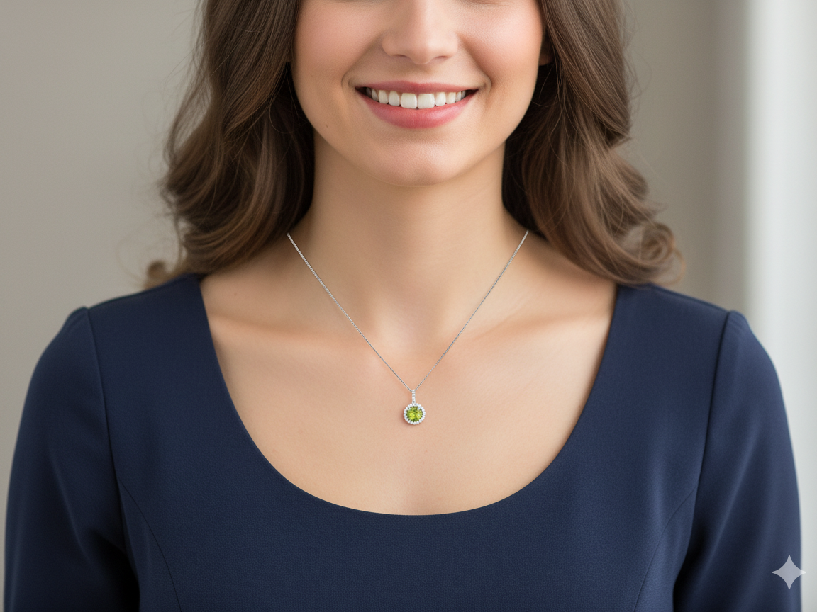 model 18 carat white gold pendant, centrally set with a circular faceted peridot,