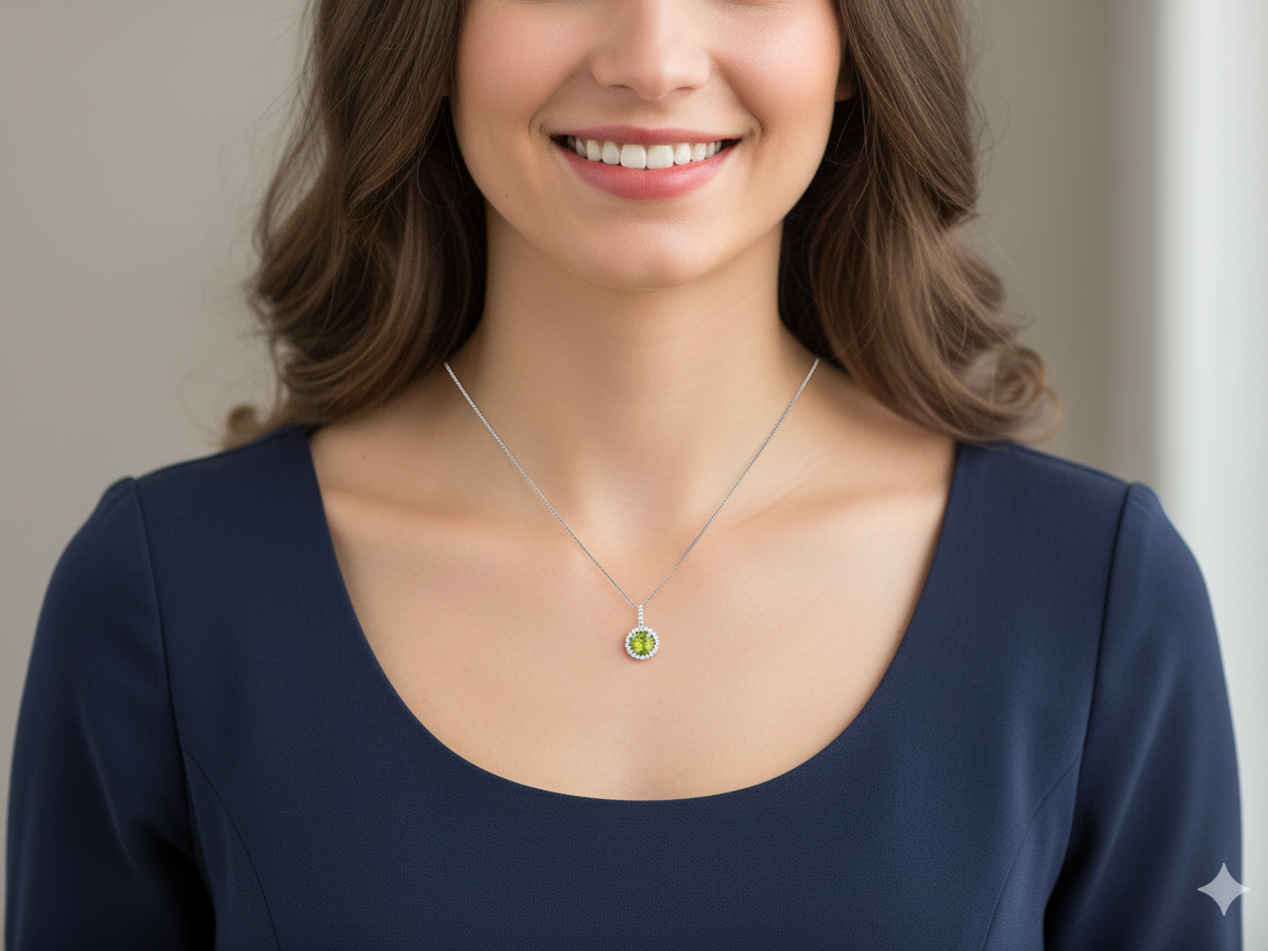 model 18 carat white gold pendant, centrally set with a circular faceted peridot,