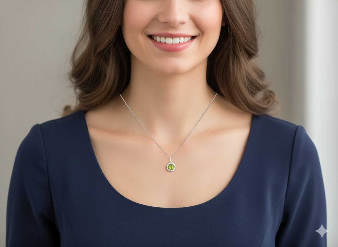 model 18 carat white gold pendant, centrally set with a circular faceted peridot,