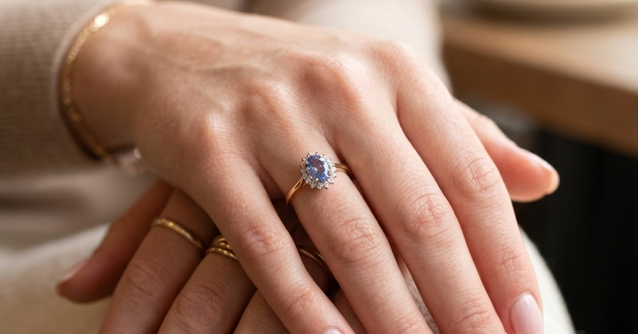 model A 14 carat gold cluster ring. Features to the centre an oval cut cornflower blue sapphire, 8x6mm (est 1.25 carats), four claw setting.