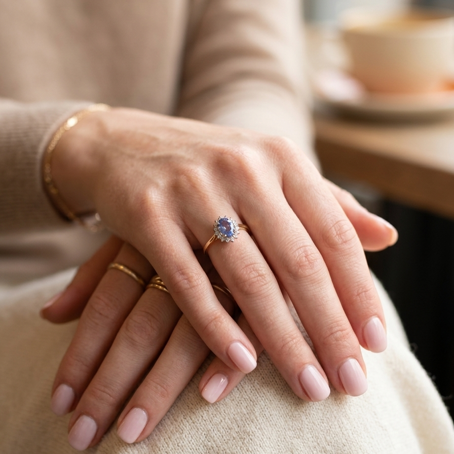 model A 14 carat gold cluster ring. Features to the centre an oval cut cornflower blue sapphire, 8x6mm (est 1.25 carats), four claw setting.