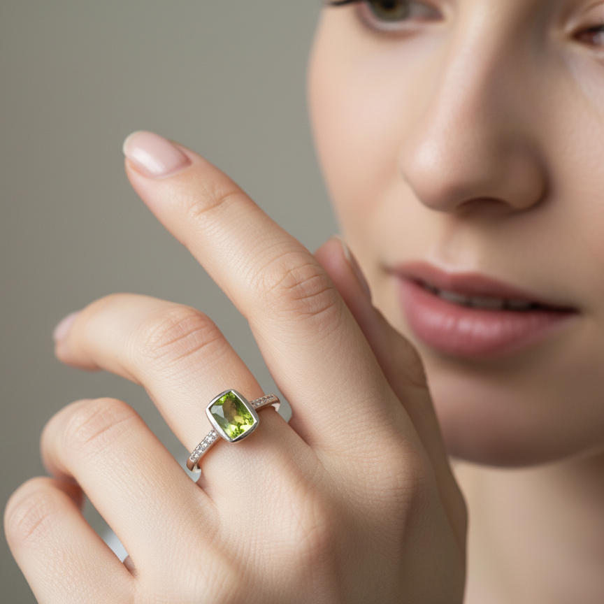 A 9 Carat White Gold Peridot & Diamond Ring