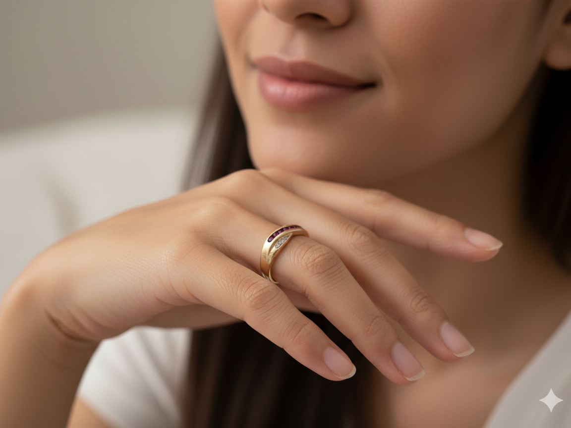 A 9 carat Gold Crossover Ring with Rubies and Diamonds on model