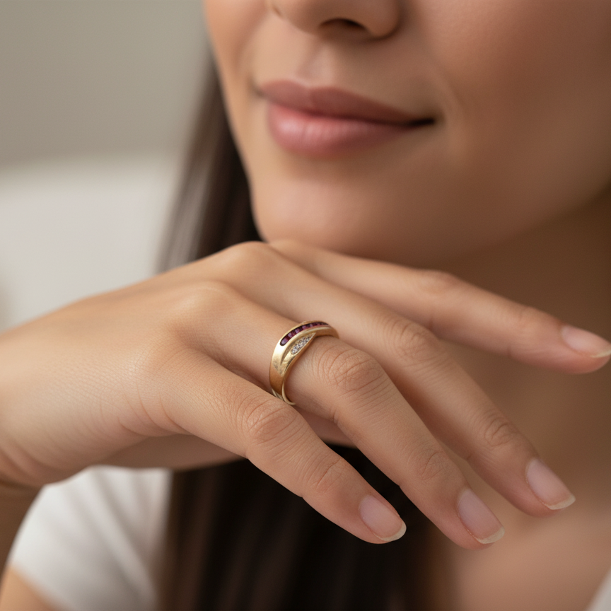 A 9 carat Gold Crossover Ring with Rubies and Diamonds on model
