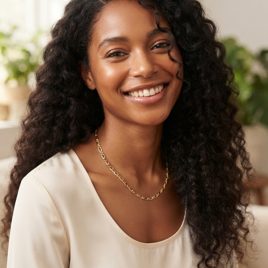 A smiling woman with long hair wearing a cream-colored scoop-neck top and a delicate gold chain necklace, set against a softly blurred indoor background with green plants.