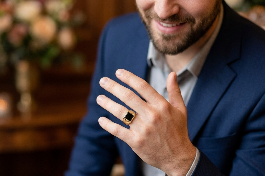 model A 9 carat gold signet ring. Features a square cut black onyx stone, 10x10mm (est) .