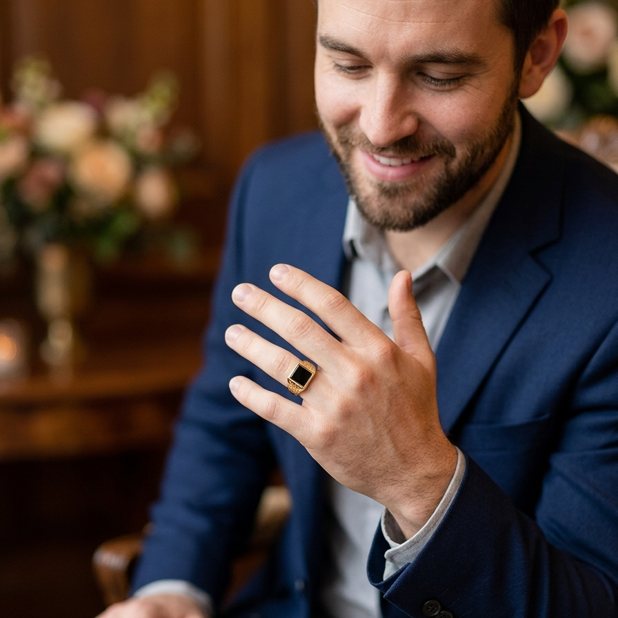model A 9 carat gold signet ring. Features a square cut black onyx stone, 10x10mm (est) .
