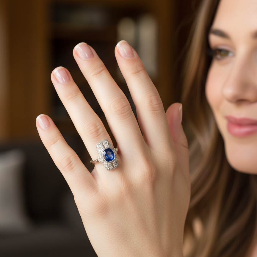 A Gorgeous Art Deco Sapphire and Diamond Plaque Ring