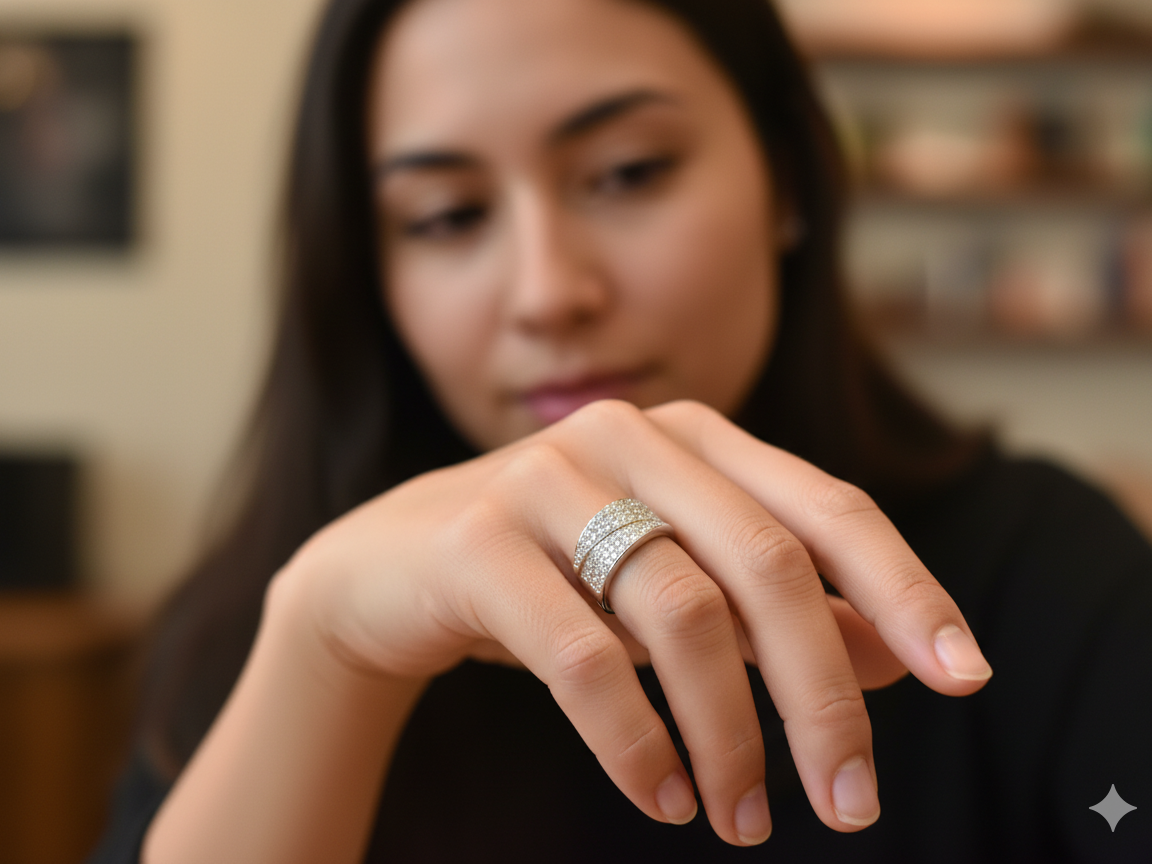 A Fabulous Diamond Crossover Cocktail Ring on a model