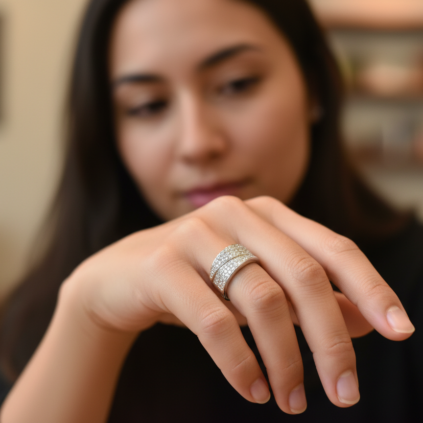 A Fabulous Diamond Crossover Cocktail Ring on a model