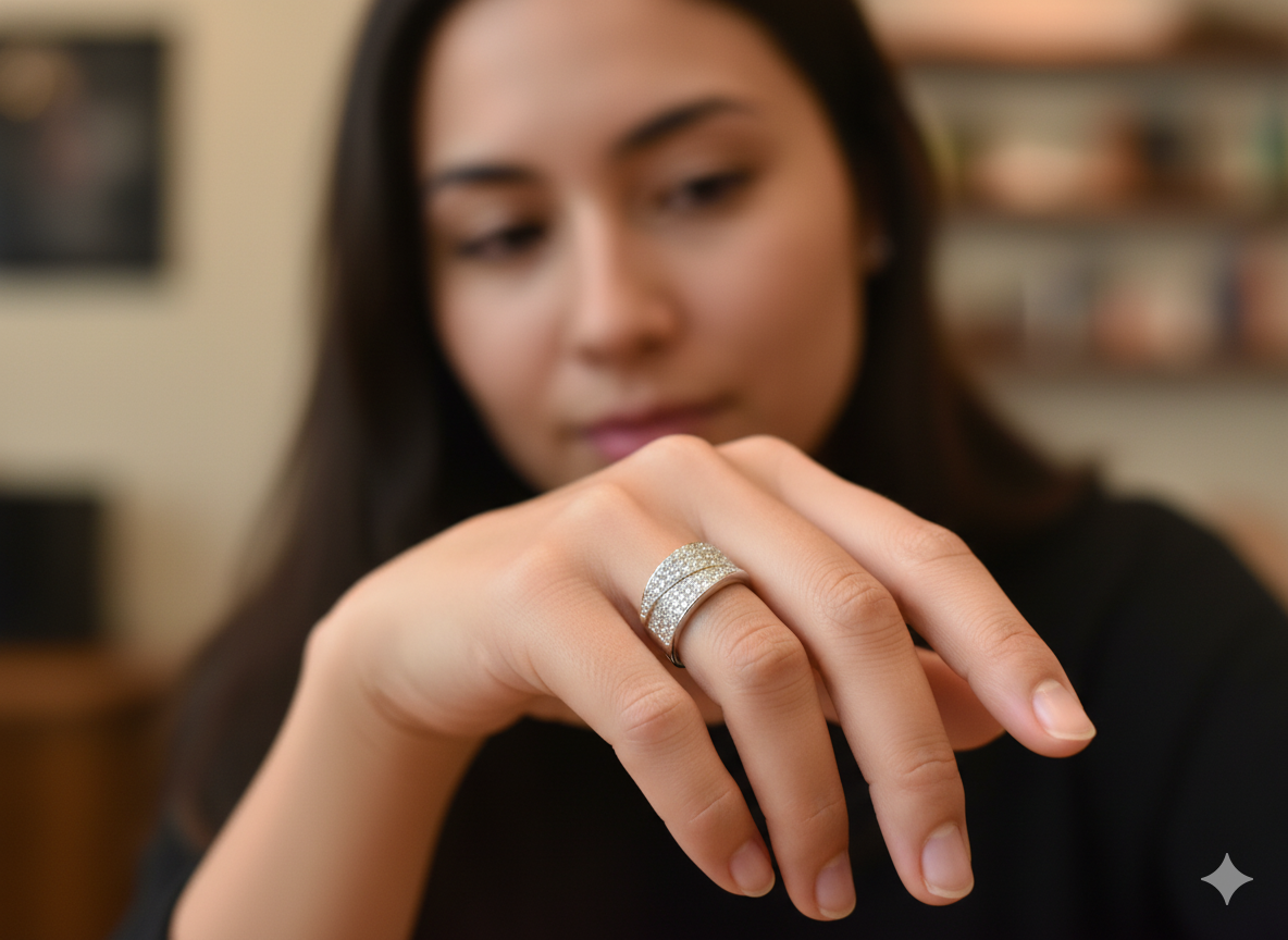 A Fabulous Diamond Crossover Cocktail Ring on a model