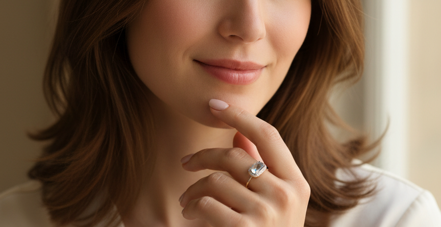 A Modern Blue Topaz & Diamond Cluster Ring on Model