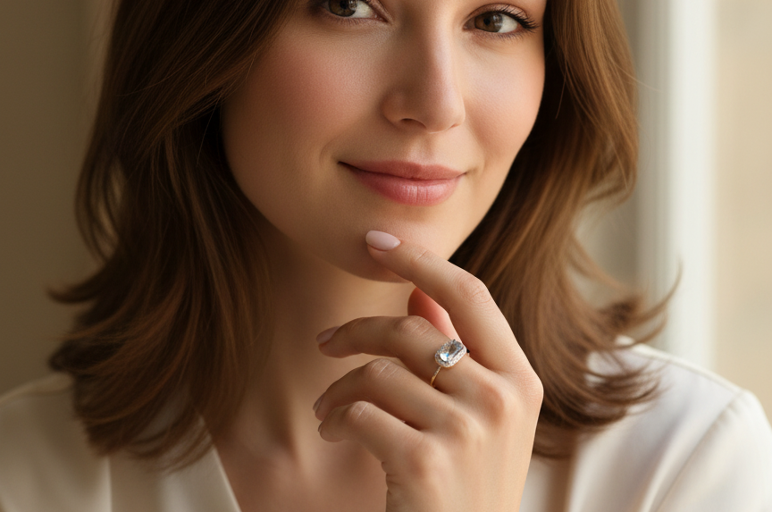 A Modern Blue Topaz & Diamond Cluster Ring on Model
