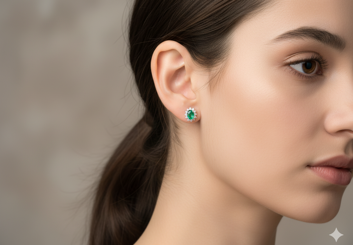 A Pair of Classic Emerald and Diamond Stud Earrings