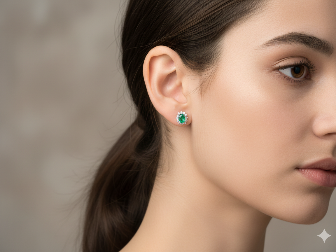 A Pair of Classic Emerald and Diamond Stud Earrings