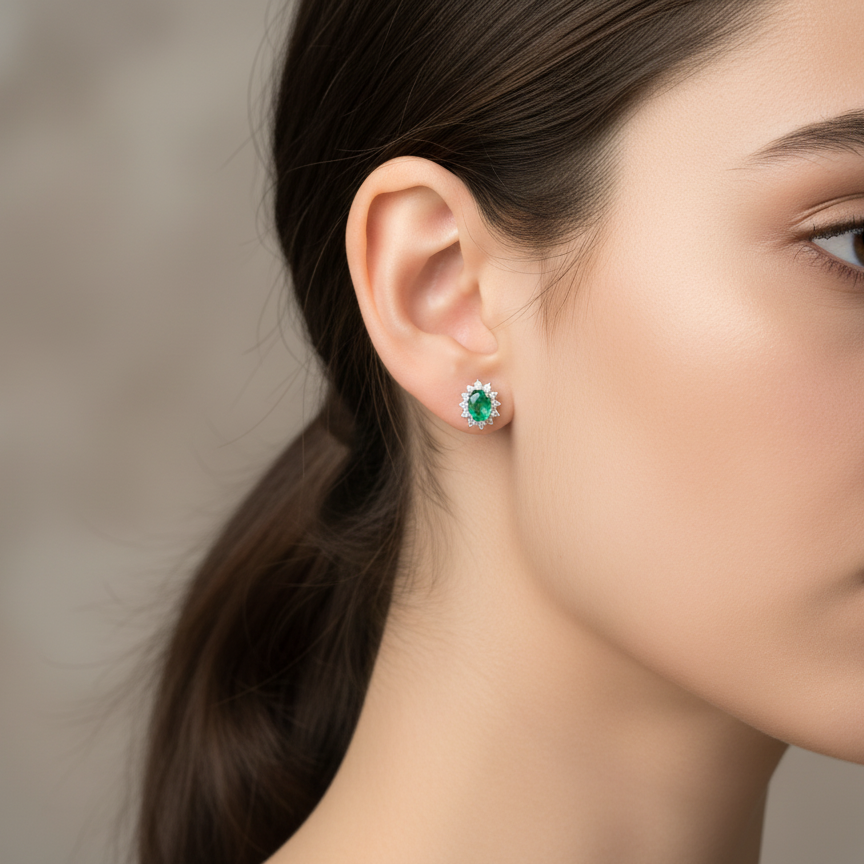 A Pair of Classic Emerald and Diamond Stud Earrings
