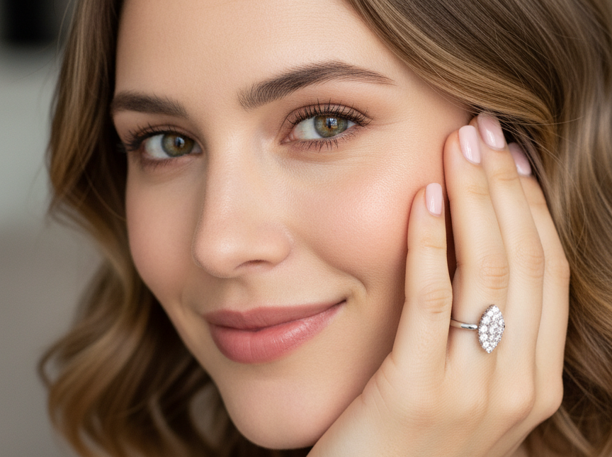 A Stunning Marquise Cluster Diamond Ring – 18 carat White Gold (1950s–1960s Vintage) on a model