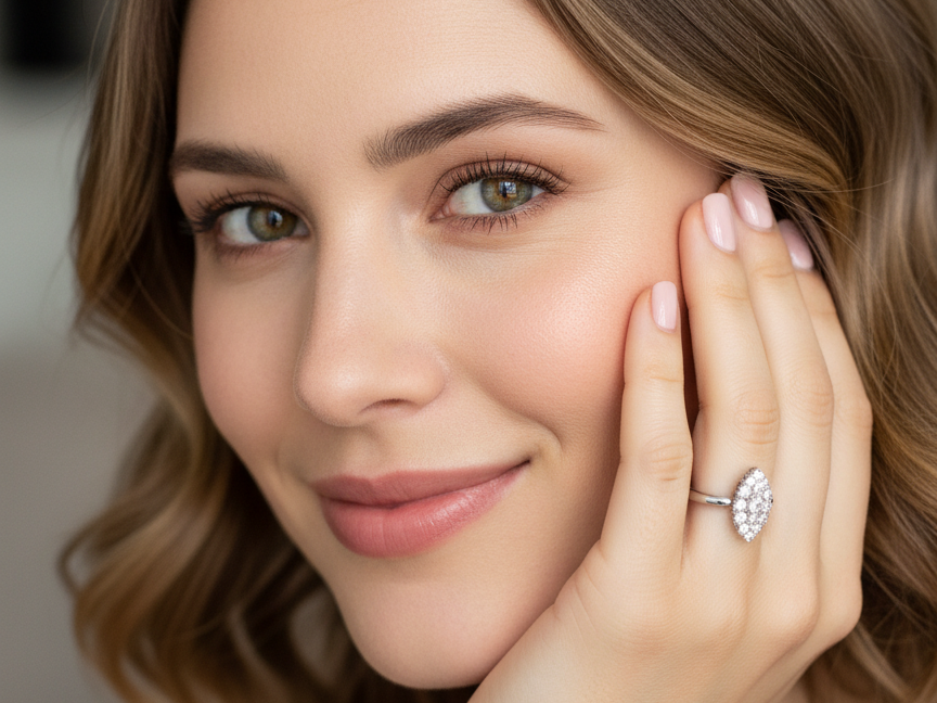 A Stunning Marquise Cluster Diamond Ring – 18 carat White Gold (1950s–1960s Vintage) on a model