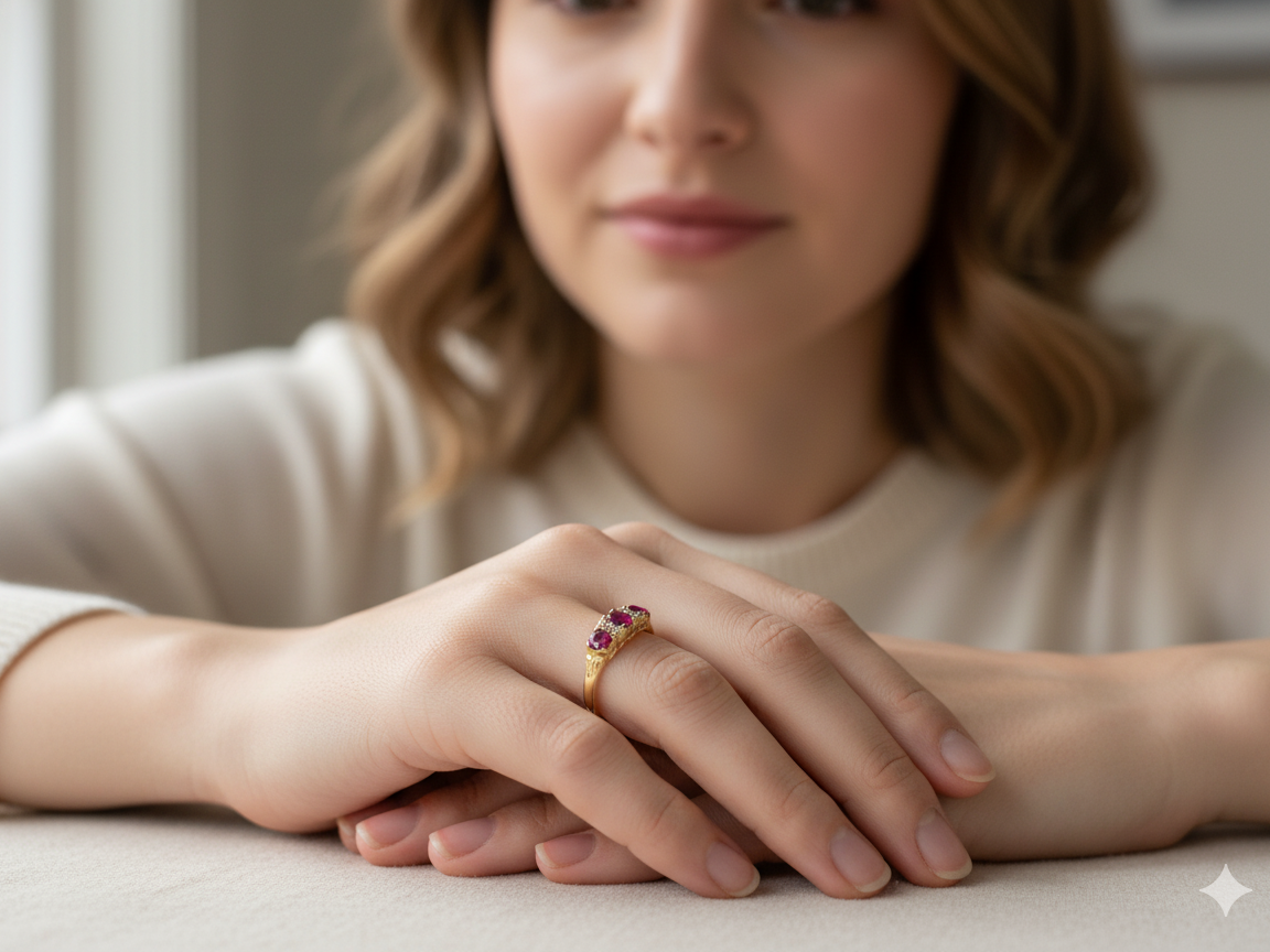 A Victorian Style 18 carat Gold Ruby & Diamond Boat Ring (London 1978)