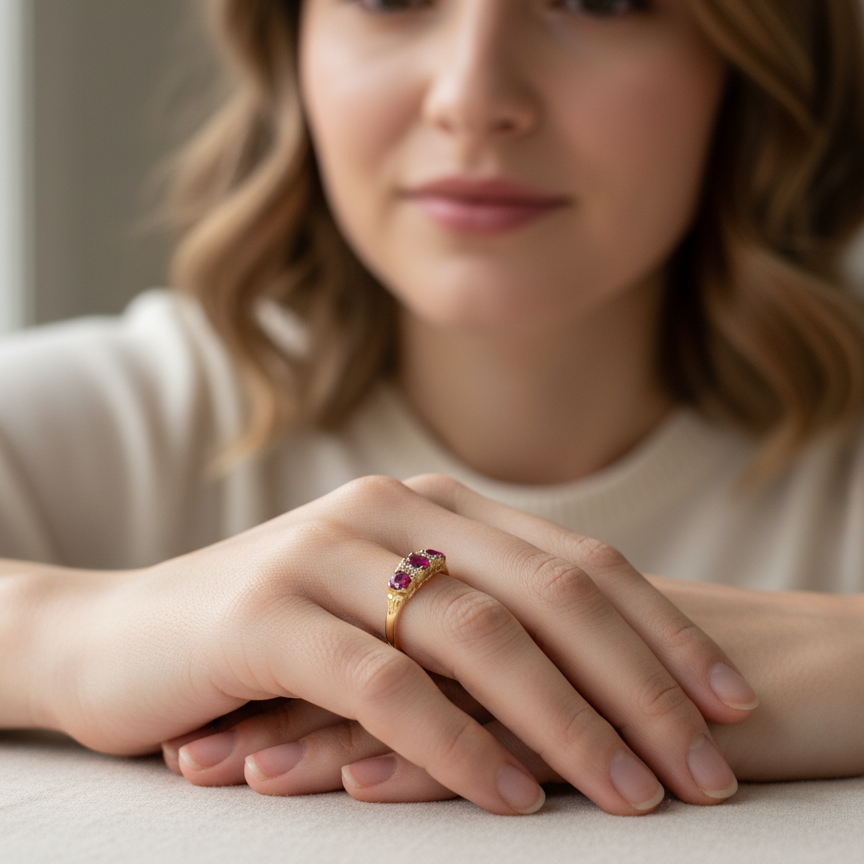 A Victorian Style 18 carat Gold Ruby & Diamond Boat Ring (London 1978)