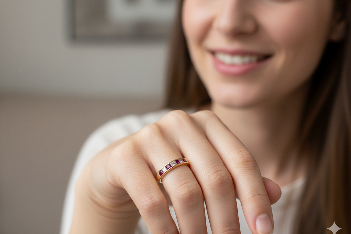model A beautiful 18-carat gold half-hoop eternity ring set with alternating rubies and diamonds.