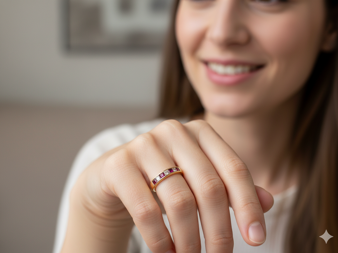 model A beautiful 18-carat gold half-hoop eternity ring set with alternating rubies and diamonds.