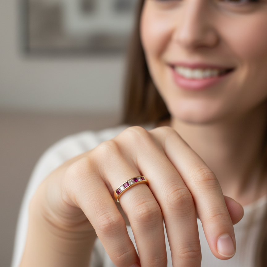 model A beautiful 18-carat gold half-hoop eternity ring set with alternating rubies and diamonds.