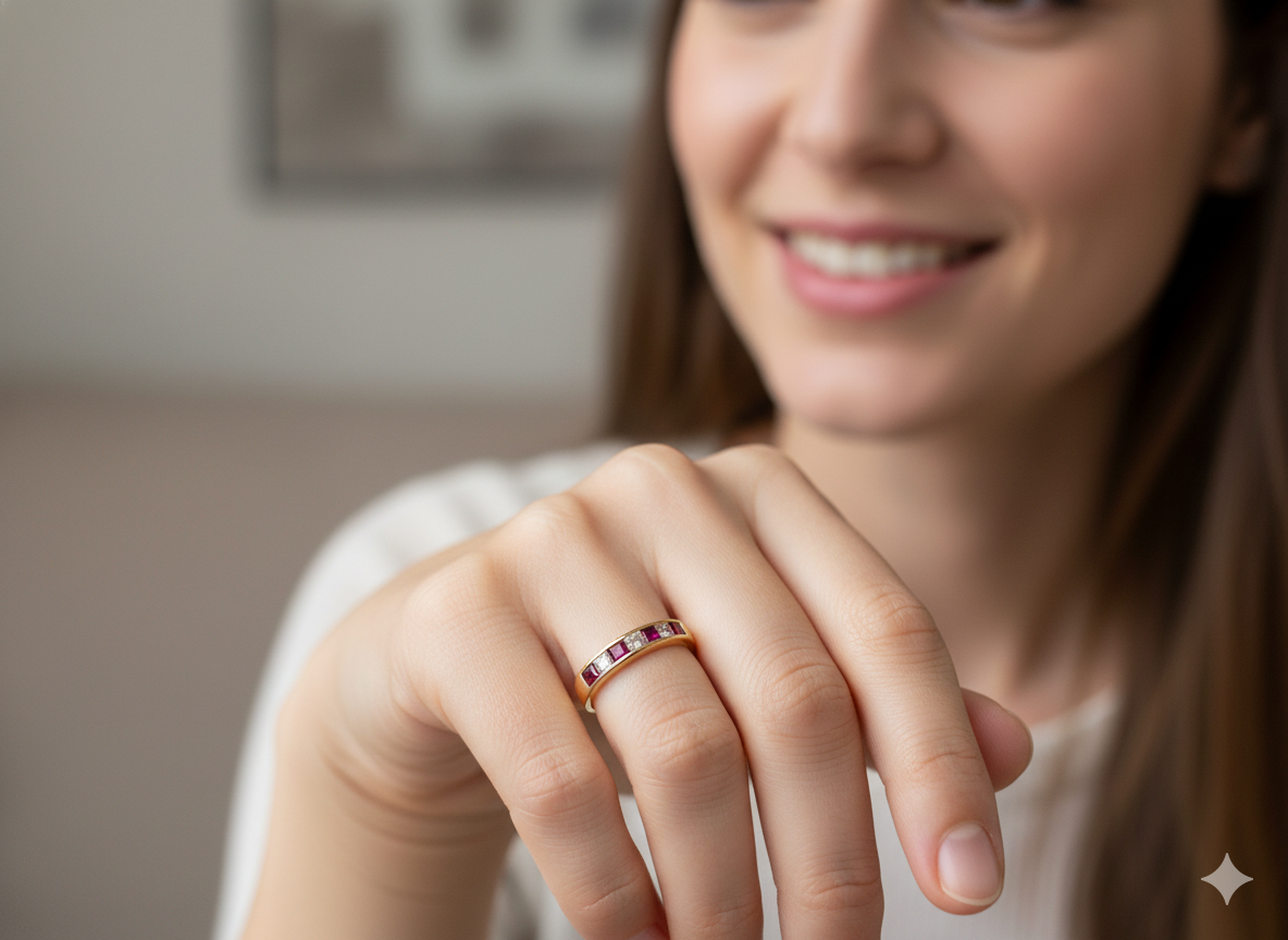 model A beautiful 18-carat gold half-hoop eternity ring set with alternating rubies and diamonds.