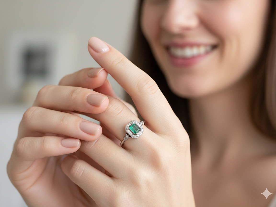 model A beautiful Art Deco cluster ring centred with a vibrant step-cut emerald