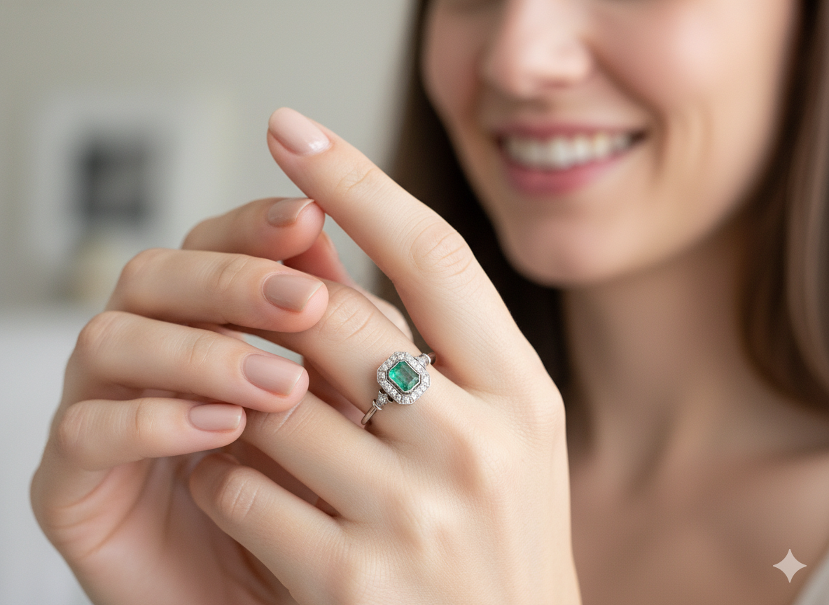 model A beautiful Art Deco cluster ring centred with a vibrant step-cut emerald