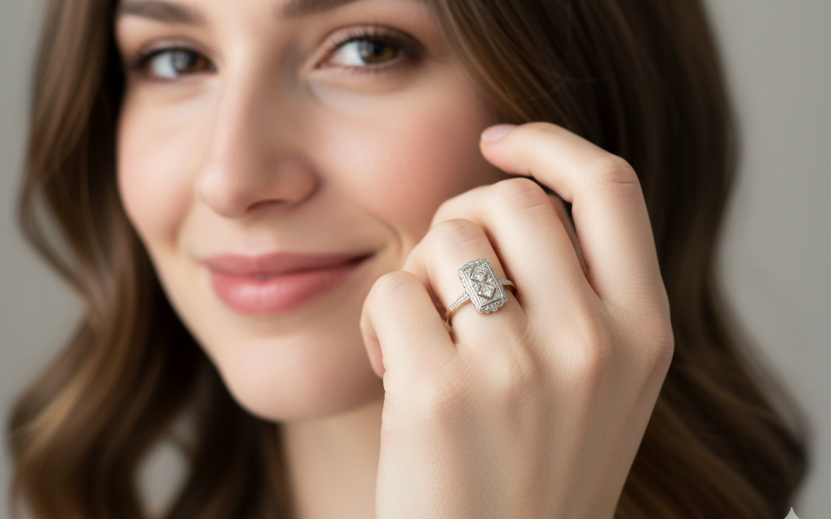 model A beautiful Edwardian era plaque-style diamond cluster ring