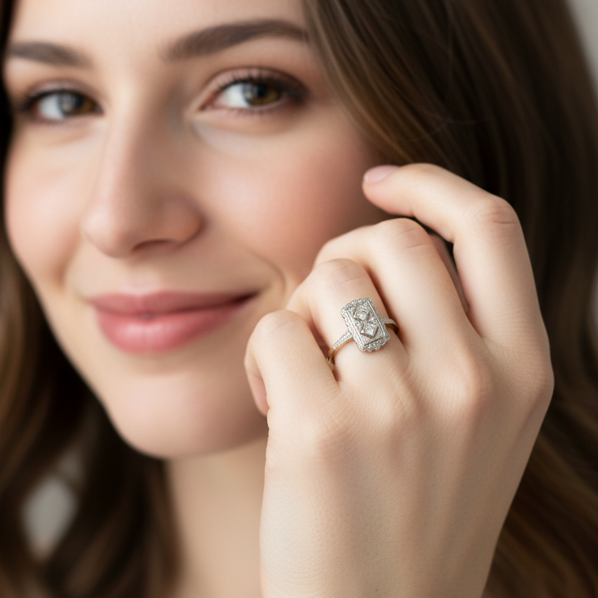 model A beautiful Edwardian era plaque-style diamond cluster ring