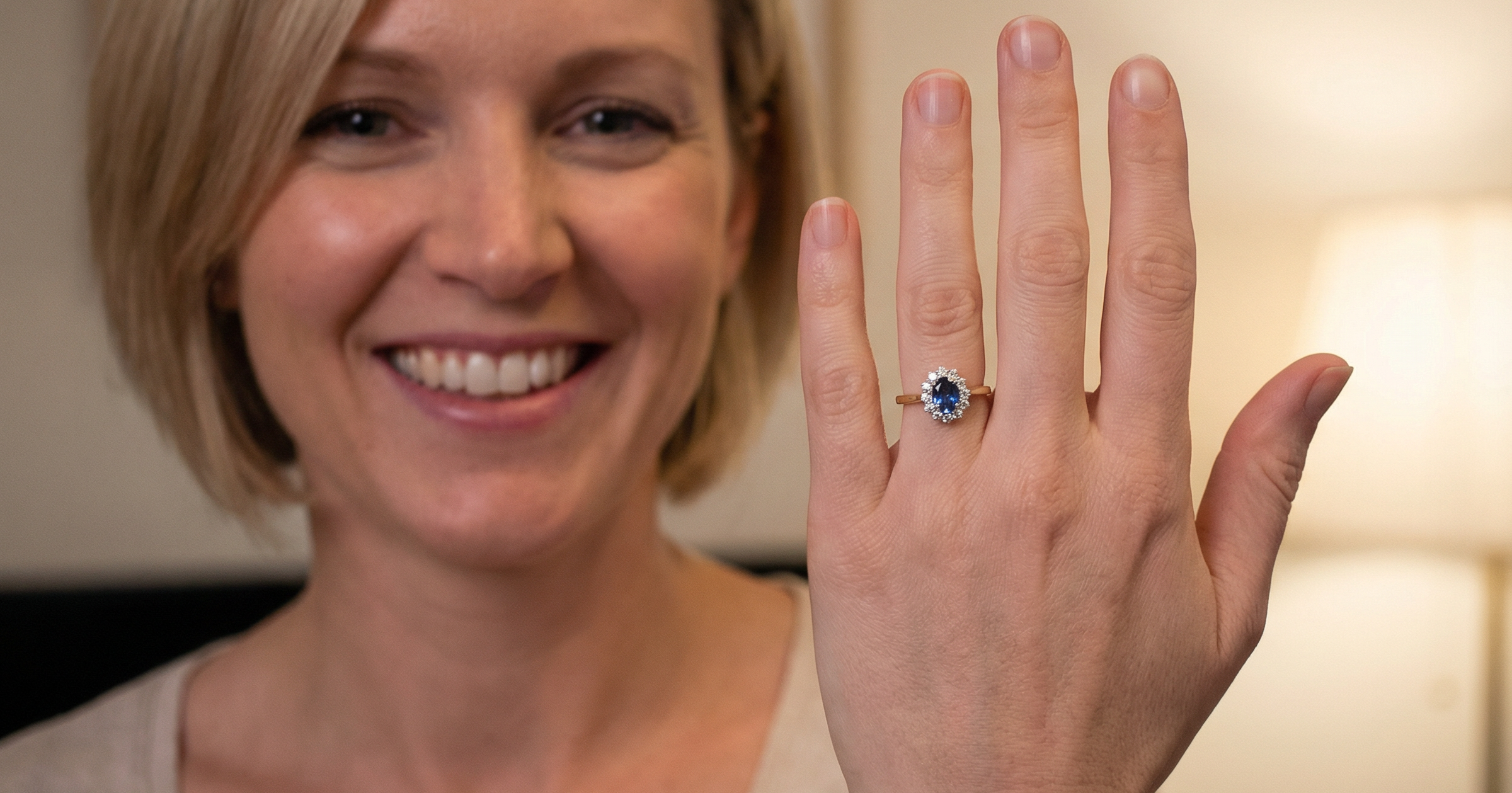 model A beautiful cluster ring featuring an oval-cut mid to dark blue sapphire measuring 7 × 5 mm (approximately ¾ carat).