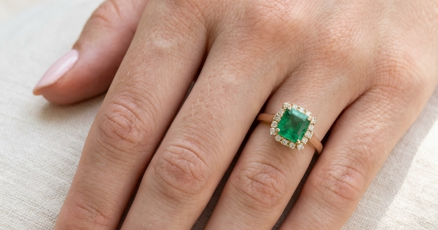 model A beautiful cluster ring set with a large square-cut emerald measuring approximately 7 x 7mm, displaying a deep grass-green colour with natural inclusions, as expected in emeralds.