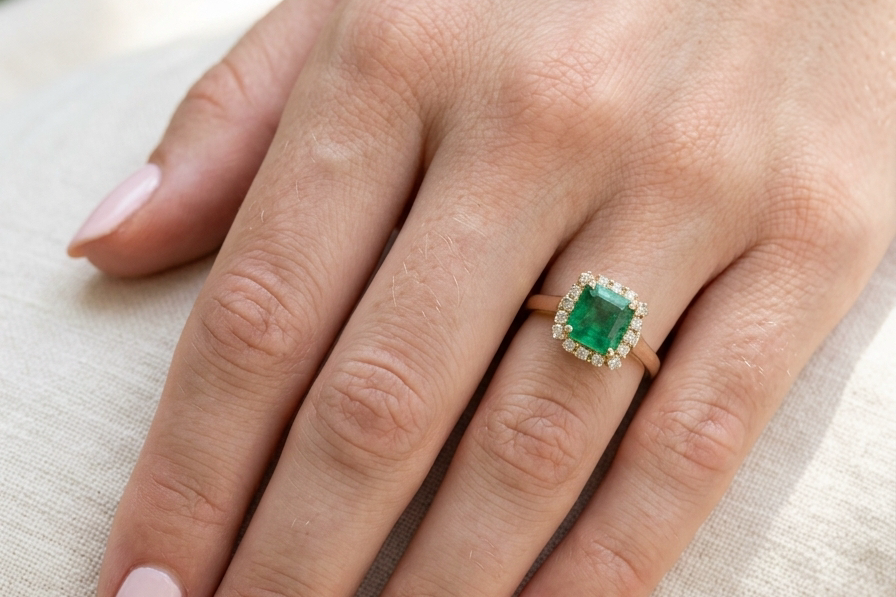model A beautiful cluster ring set with a large square-cut emerald measuring approximately 7 x 7mm, displaying a deep grass-green colour with natural inclusions, as expected in emeralds.