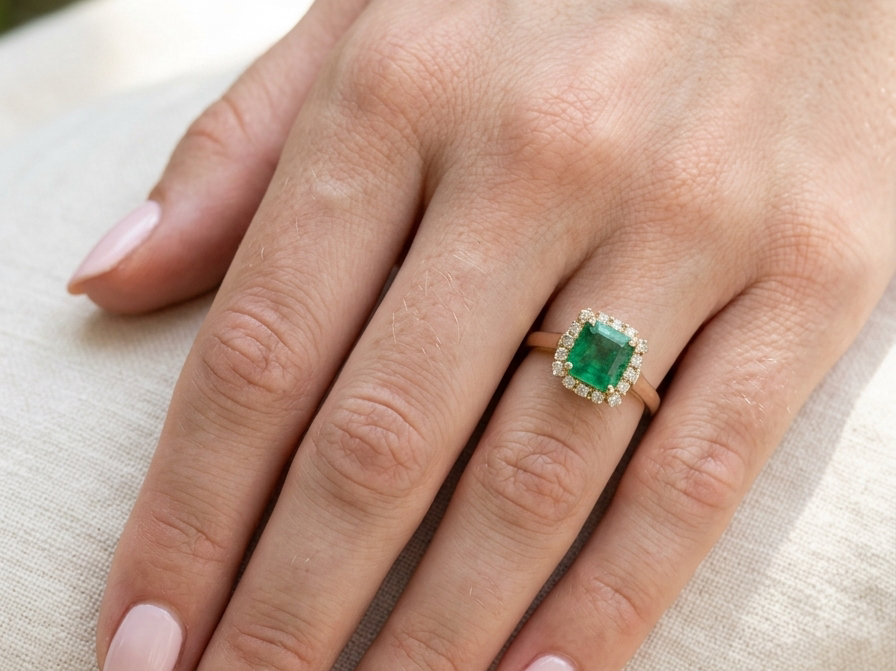 model A beautiful cluster ring set with a large square-cut emerald measuring approximately 7 x 7mm, displaying a deep grass-green colour with natural inclusions, as expected in emeralds.