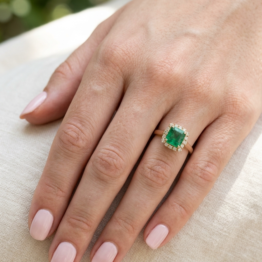 model A beautiful cluster ring set with a large square-cut emerald measuring approximately 7 x 7mm, displaying a deep grass-green colour with natural inclusions, as expected in emeralds.