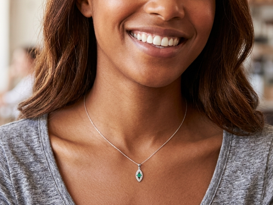 model A beautiful modern 18ct white gold pendant featuring a cushion-cut emerald measuring approximately 4 x 3.5mm (estimated 0.35 carat), displaying a rich deep grass-green hue.