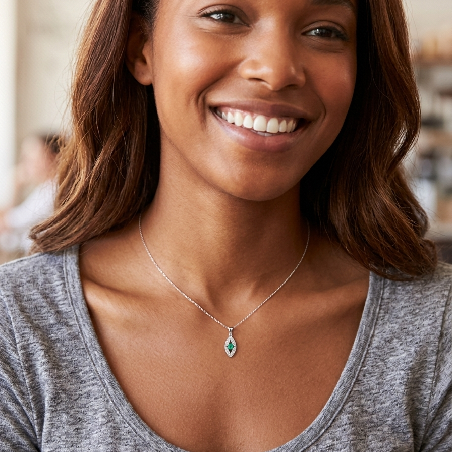 model A beautiful modern 18ct white gold pendant featuring a cushion-cut emerald measuring approximately 4 x 3.5mm (estimated 0.35 carat), displaying a rich deep grass-green hue.