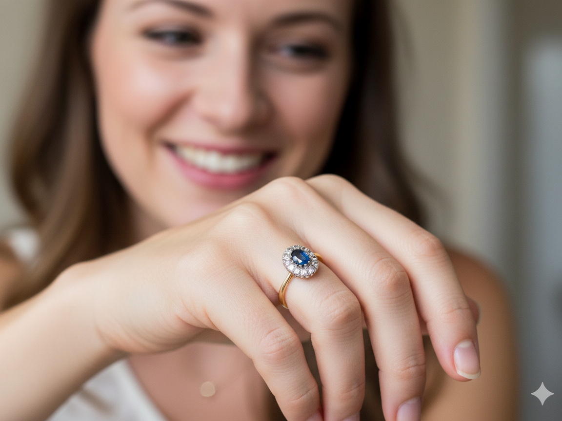 A beautiful vintage cluster ring featuring an oval mid-blue sapphire