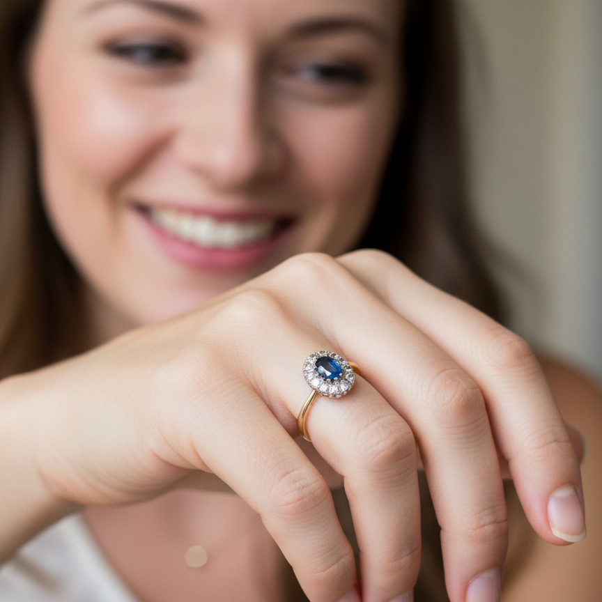 A beautiful vintage cluster ring featuring an oval mid-blue sapphire