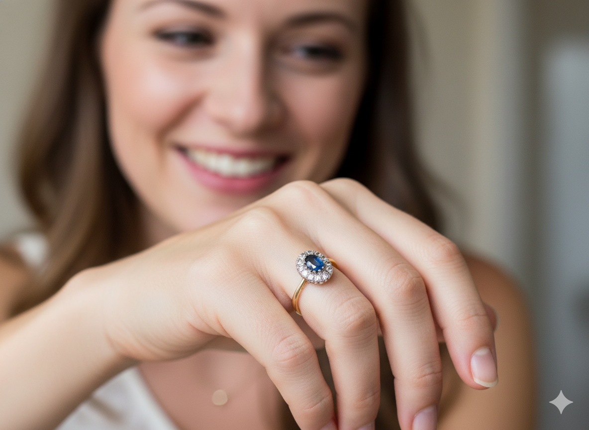 A beautiful vintage cluster ring featuring an oval mid-blue sapphire